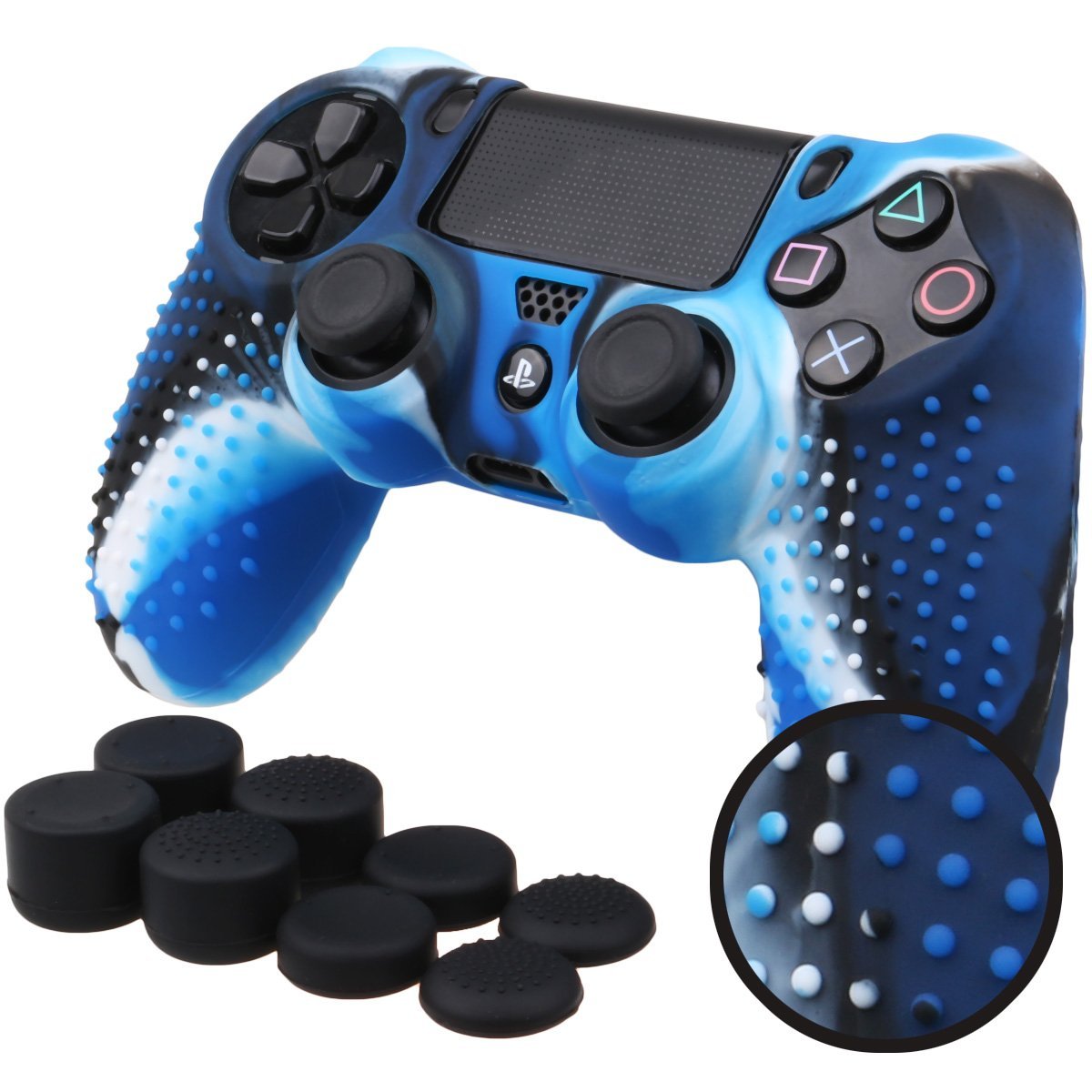 BORCHIE silicone custodie cover pelle antiscivolo per PS4, colore blu + grips pollici x8